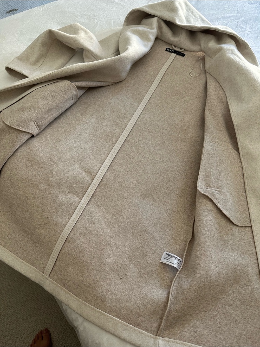 Zara Cream Hooded Wrap Coat with Self-Tie Belt, size medium - Picture 12 of 17